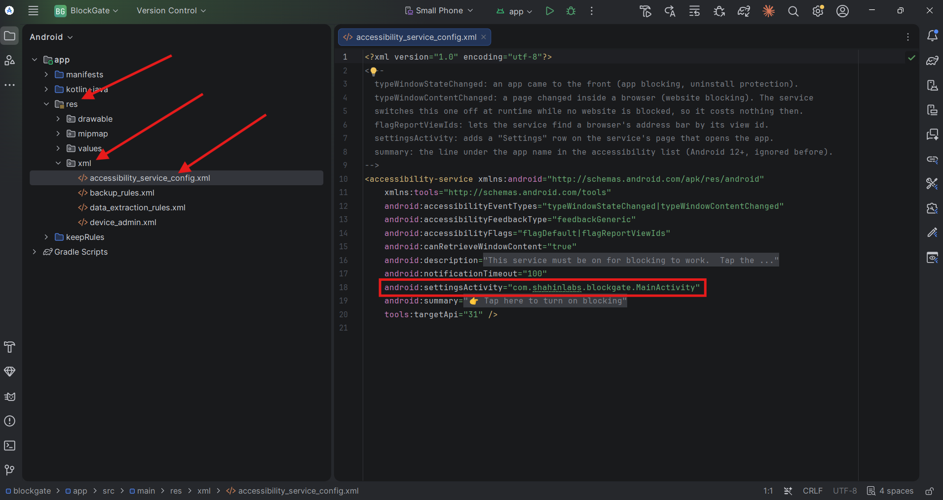 accessibility_service_config.xml with the settingsActivity line boxed