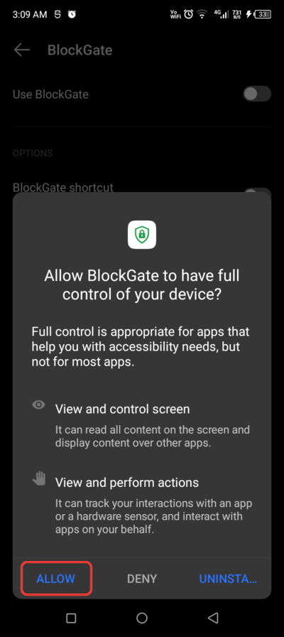 Android dialog asking to allow BlockGate full control, with Allow, Deny and Uninstall
