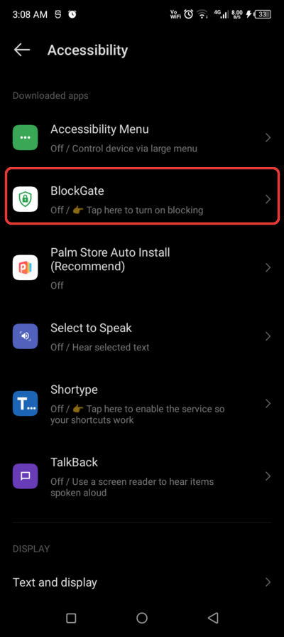 Phone Accessibility settings listing BlockGate under Downloaded apps