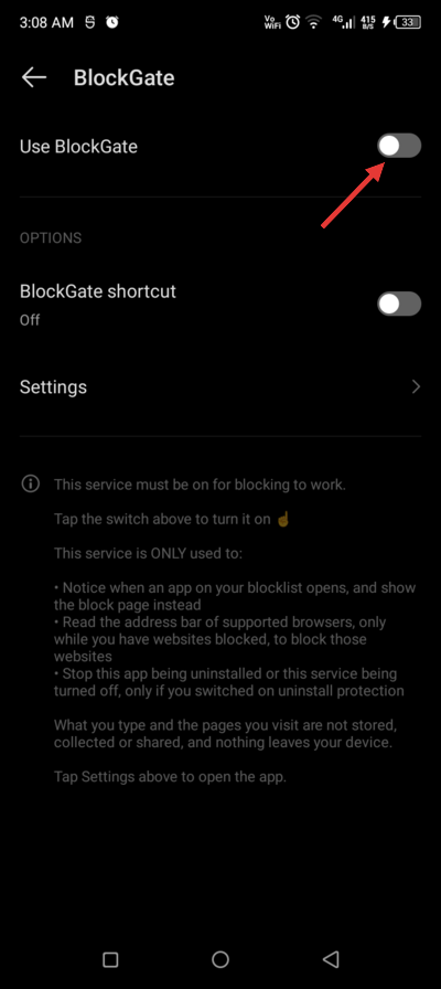 BlockGate accessibility page with the Use BlockGate switch off