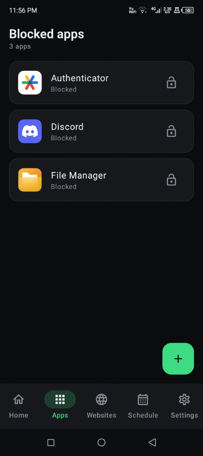 BlockGate Apps tab listing blocked apps
