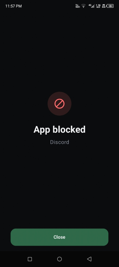 BlockGate block page showing App blocked and the Close button
