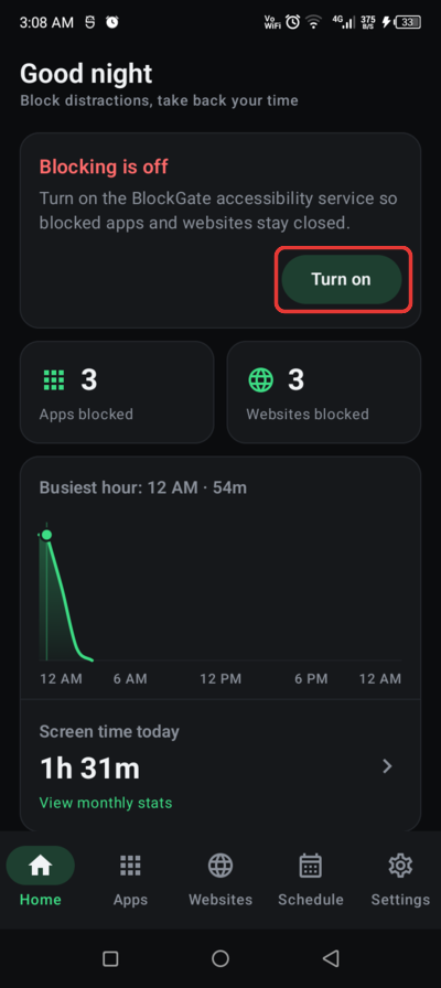 Home tab with the Blocking is off card and its Turn on button