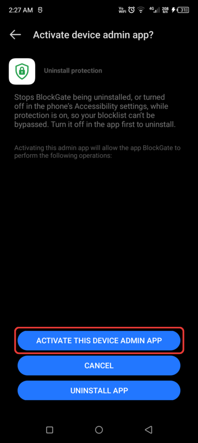 Android’s Activate device admin app screen for BlockGate