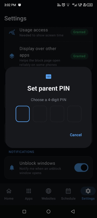 Parent PIN dialog asking to choose a 4-digit PIN