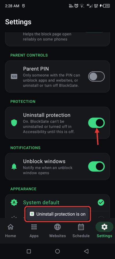 Settings, Protection section, with Uninstall protection on