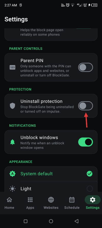 Settings, Protection section, with the Uninstall protection switch off