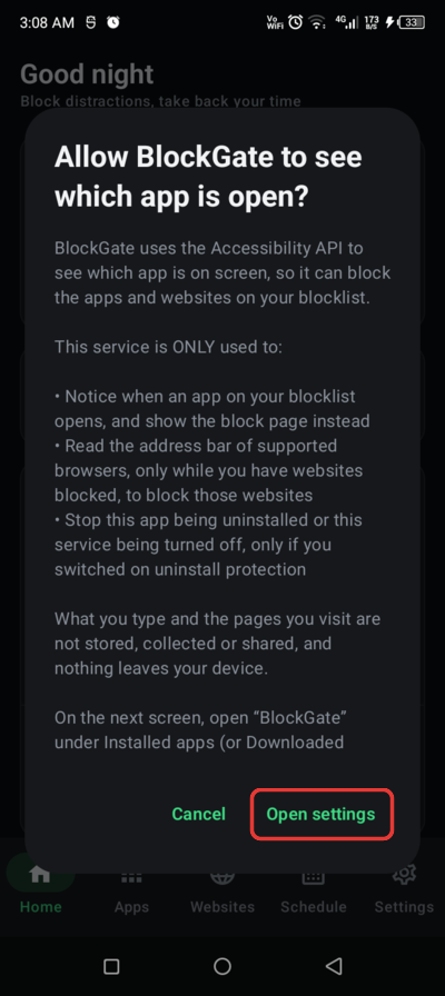 Allow BlockGate to see which app is open? disclosure with Cancel and Open settings