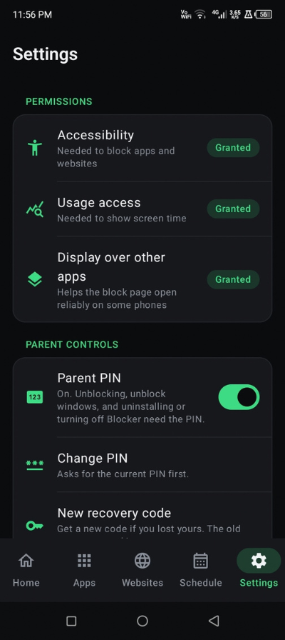 BlockGate Settings tab: Permissions, Parent controls and Protection