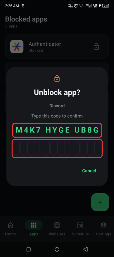 Typed-code dialog showing a 12-character code in three groups and twelve boxes underneath