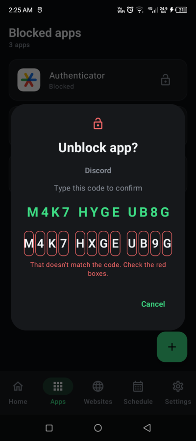 Typed-code dialog with all twelve boxes outlined in red and the message under them