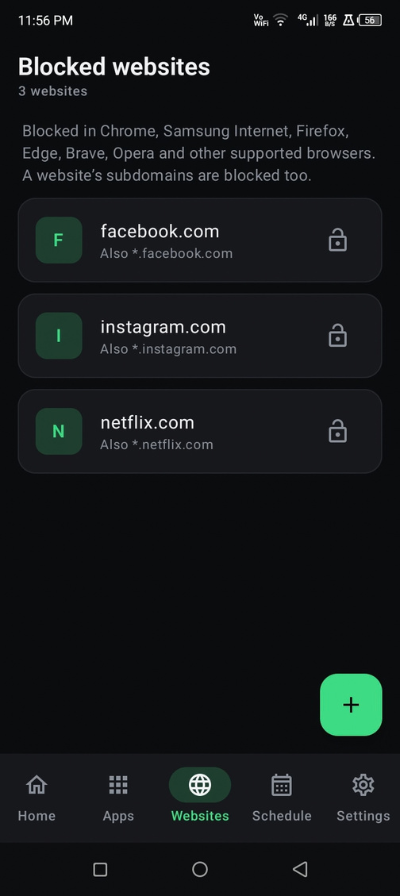 BlockGate Websites tab listing blocked websites