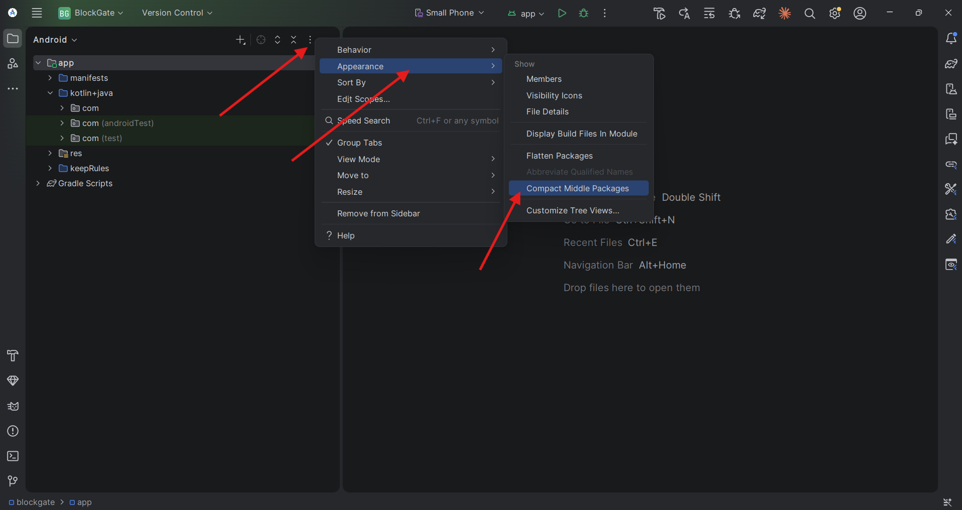 Project panel: ⋮ → Appearance → Compact Middle Packages