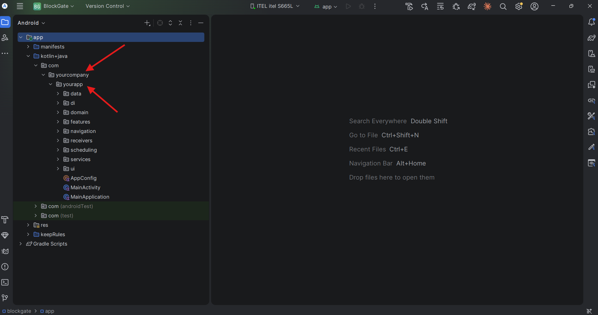 Project panel after the rename showing com, yourcompany and yourapp folders